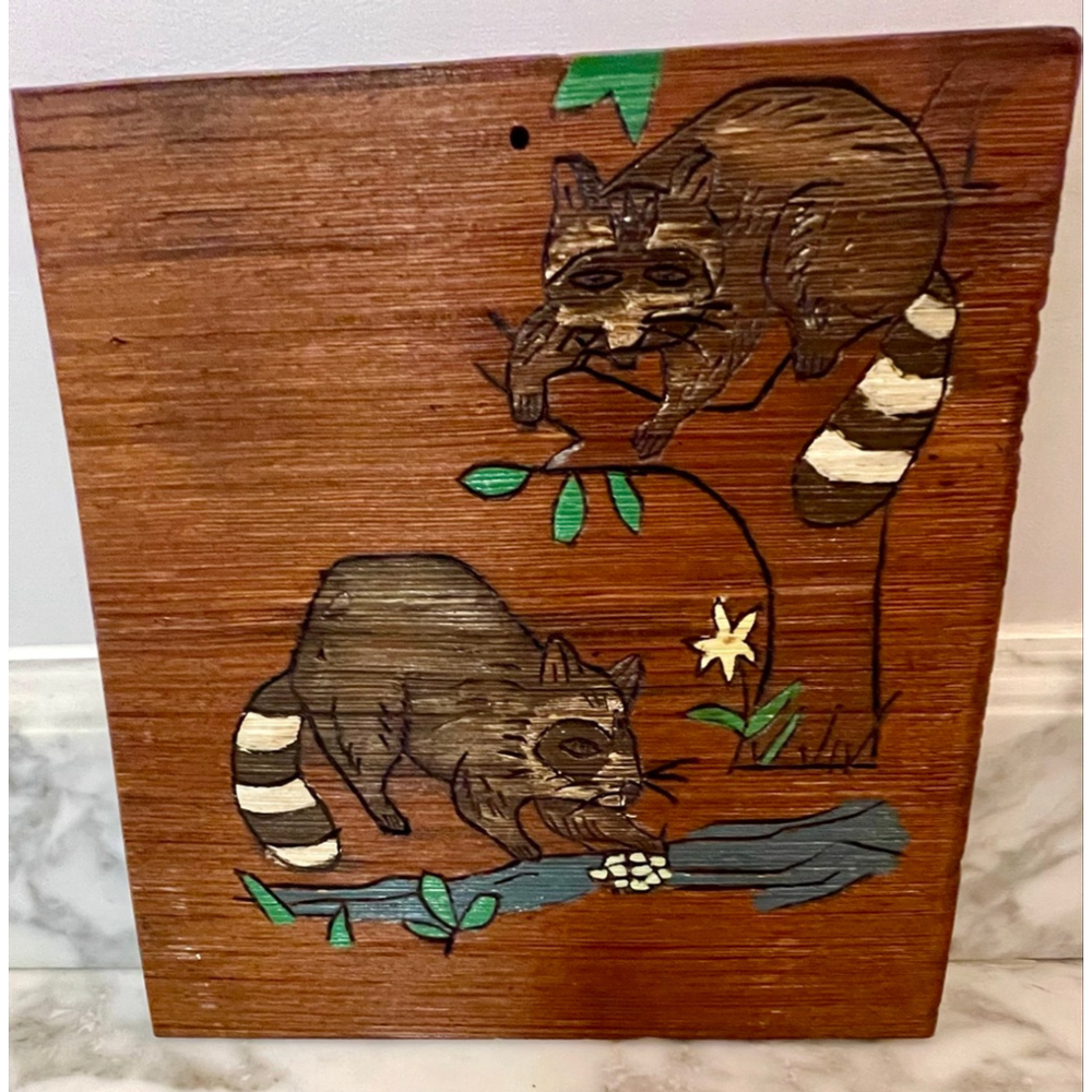 Vintage 1979 Hand-Carved Cedar Shingle Raccoon Wall Art Folk Rustic Decor